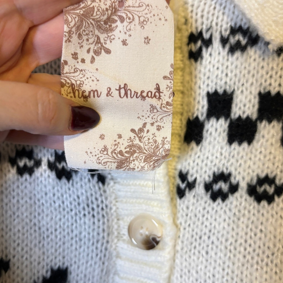 Hem & Thread Nordic Fair Isle Cardigan Sweater NWT Size M Cream Black - Picture 8 of 13
